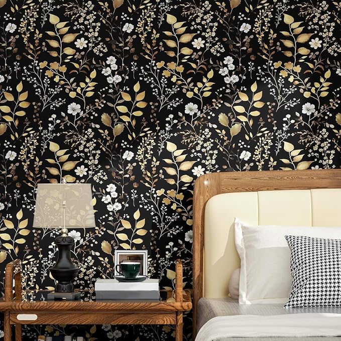 Vintage Dark Floral Gold Leaf Peel and Stick Wallpaper 17.5"x787" | Self Adhesive/Removable/Waterproof/Thick Vinyl Extra Long Contact Paper for Bathroom Bedroom Shelf Cabinet Drawer,Prepasted