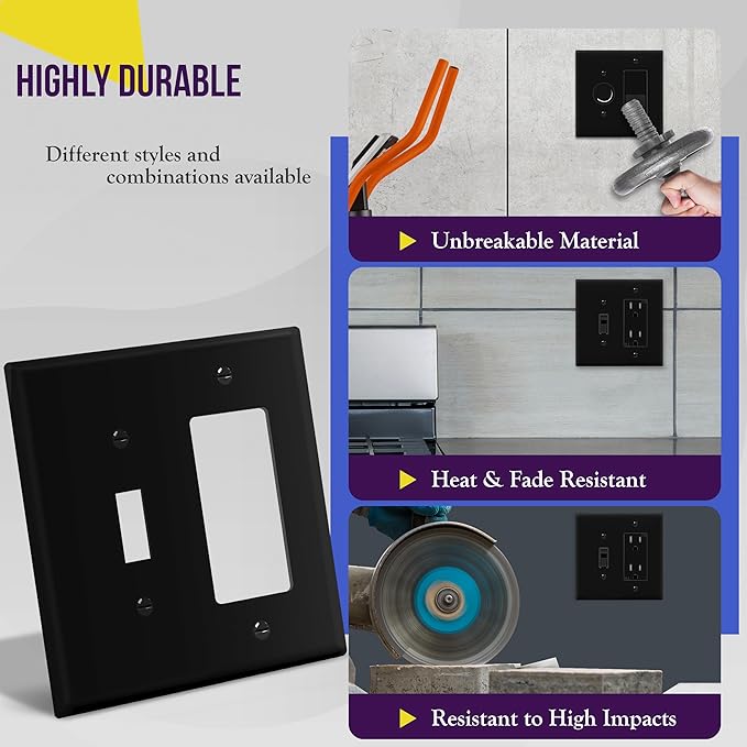ENERLITES Combination Toggle Light Switch/Decorator Light Switch Plate, Double Switch Wall Plate, Mid-Size 2-Gang 4.88" x 4.92", Polycarbonate Thermoplastic, 881131M-BK, Black, 2 Pack