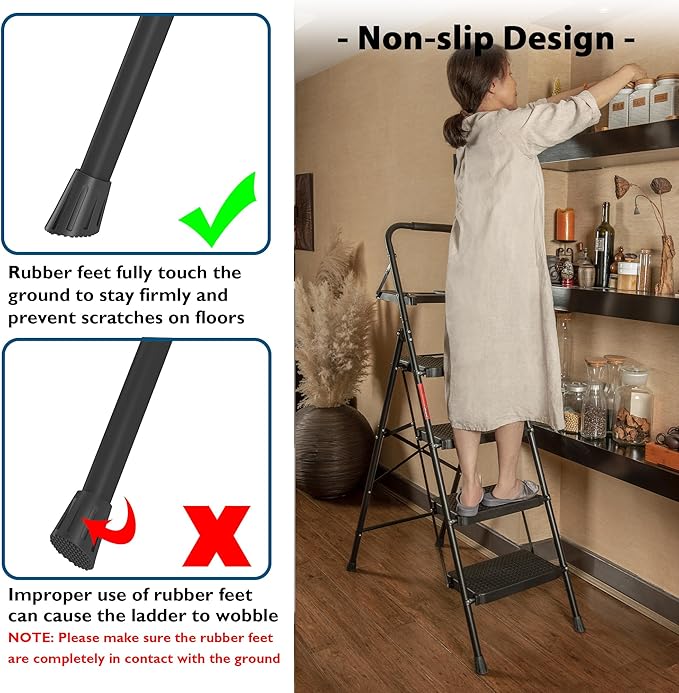 BONTEC 4-Step Ladder, 400lbs Max Load, Folding Step Stool with Tool Tray, Anti-Slip Pedals, Sturdy Steel, Lightweight Portable Ladder with Handrail for Home & Work Use, Black