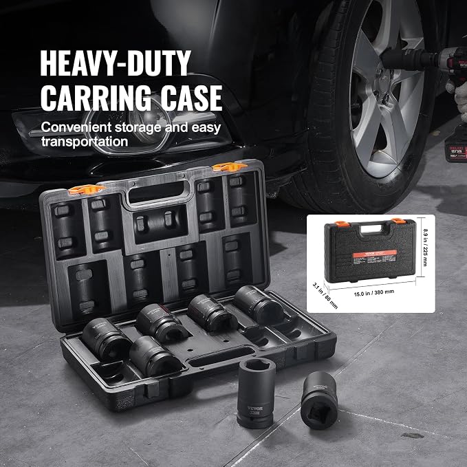 VEVOR 1" Drive Impact Socket Set, 8 Piece Deep Socket Set Metric 27-41mm, 6 Point Cr-Mo Alloy Steel for Auto Repair, Easy-to-Read Size Markings, Rugged Construction, Includes Storage Case