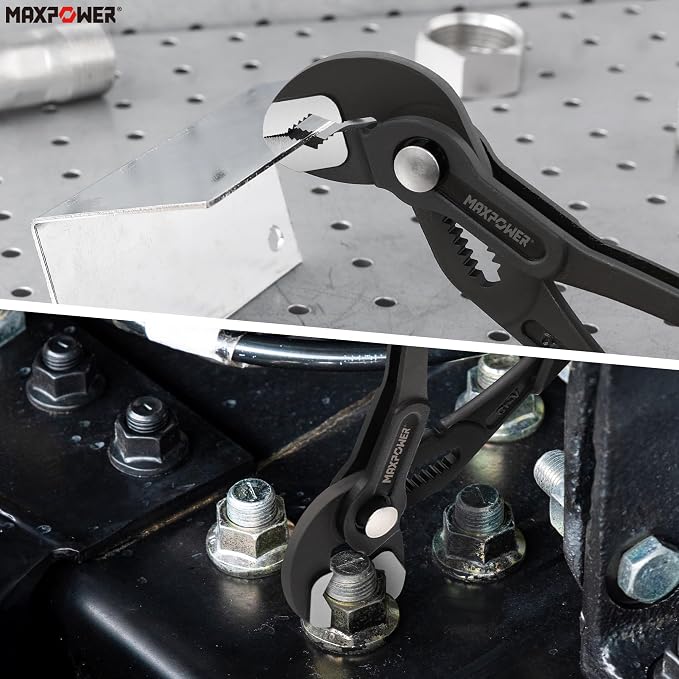 MAXPOWER 10-Inch Tongue-and-Groove Pliers, 1.2" Jaw Opening V Jaw Pliers | Quick Release Push Button Adjustable Pliers, Serrated Teeth, Comfortable Grips