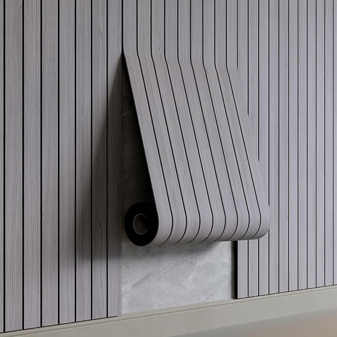 YU LI 3DH Peel and Stick PVC Slat Wall Panel 118"x15.75" Self-Adhesive Thick Faux Grey Wood Grain Wallpaper Panel 3D Soundproof Wall Panels for Walls & Ceilings