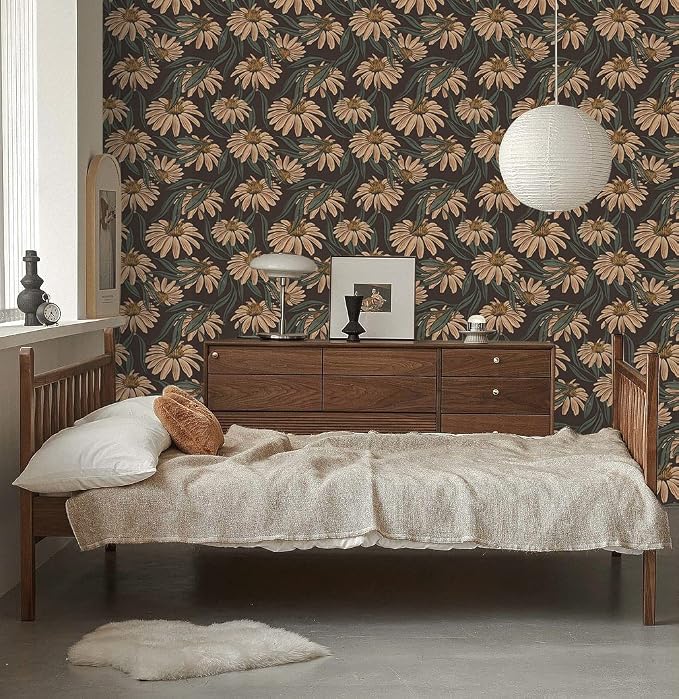 HAOKHOME Vintage Peel and Stick Wallpaper Floral Brown/PeachPuff/Green Daisy Wall Decor Home Bathroom Boho Decor 17.3in x 9.8ft