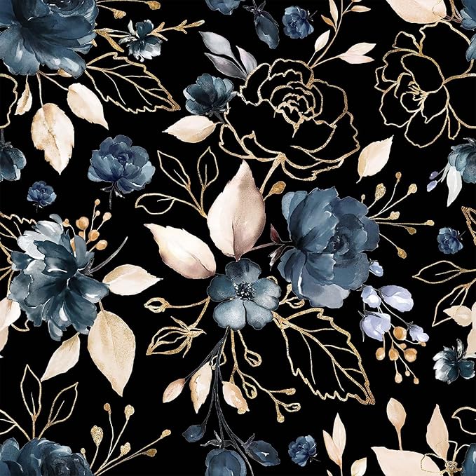 Black Gold Floral Peel and Stick Wallpaper 17.7"x78.8" | Removable thick vinyl, dark botanical design with navy blue flowers, bedroom, bathroom, renter friendly accent walls