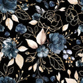 Black Gold Floral Peel and Stick Wallpaper 17.7"x118" | Removable thick vinyl, dark botanical design with navy blue flowers, bedroom, bathroom, renter friendly accent walls