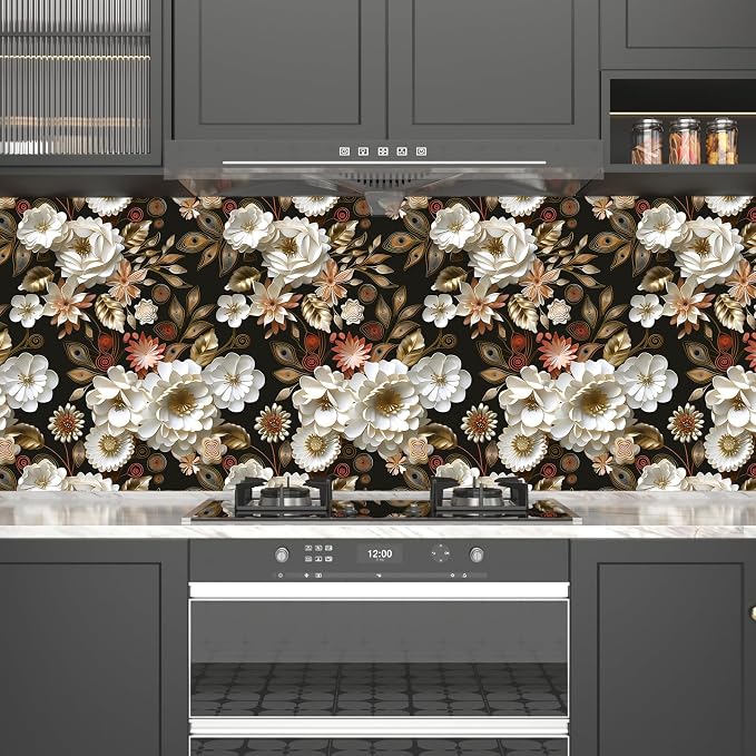 Vintage Wallpaper Peel and Stick Dark Floral Contact Paper 17.5in x 118in White Gold Flower Wallpaper Vinyl Waterproof Self Adhesive Boho Leaf Botanical Wall Paper for Bedroom Cabinet Table Decoration