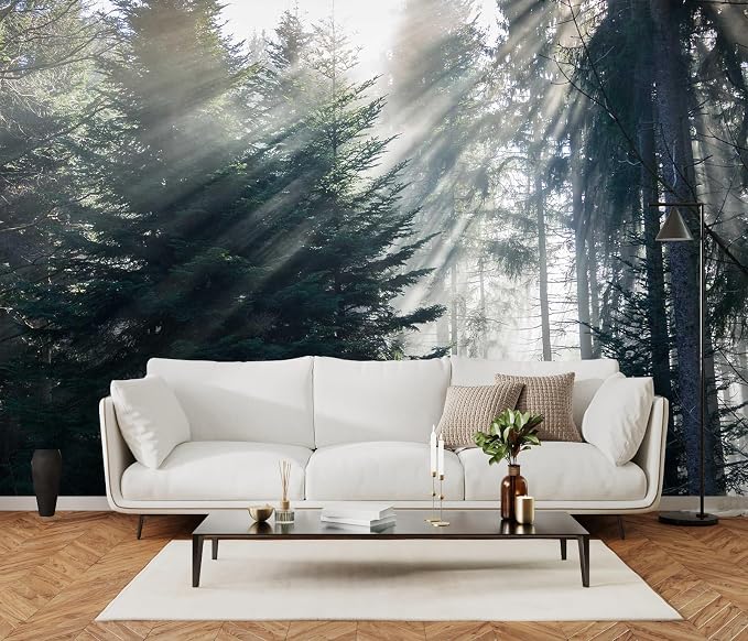 Toolhom Forest in the Fog wall Mural, Forest wall Sticker Wallpaper, Non-self-Adhesive wall Decorations（Non-self-Adhesive）