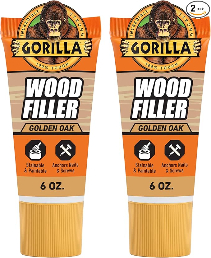 Gorilla All Purpose Wood Filler, Golden Oak Color, 6 Ounce Tube (Pack of 2) - Water Resistant for Indoor or Outdoor Projects and Repairs