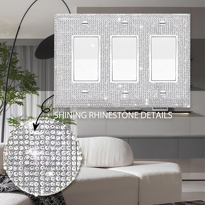 Silver Shiny Silver Rhinestones Wall Plates Light Switch Cover Plate Decorative 3 Gang Wall Plate Single Toggle For Outlet Covers Wall Plate