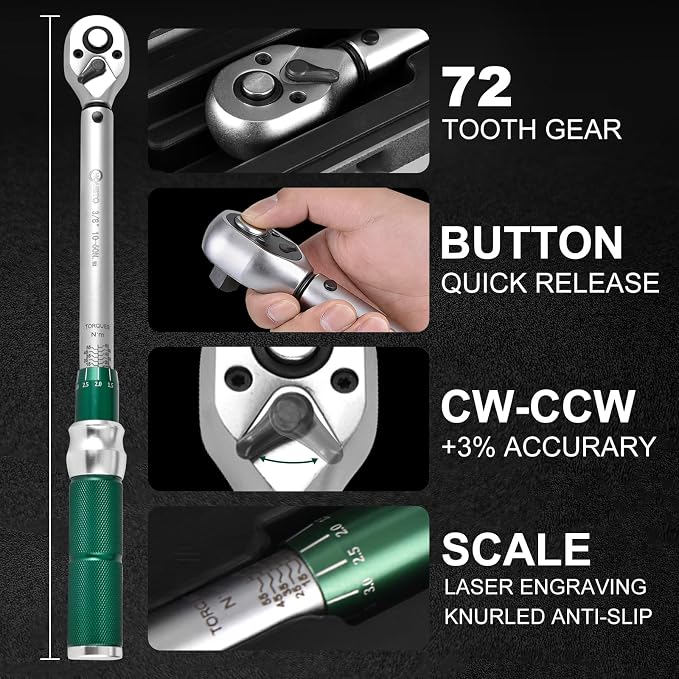 3/8" Drive 1Pc Click Torque Wrench Set, 7.38-44.25 ft.lb / 10-60 Nm | ±3% High Precision 72-Tooth Reversible Cr-V Tool for Auto, Motorcycle & Bicycle Repair with Storage Case