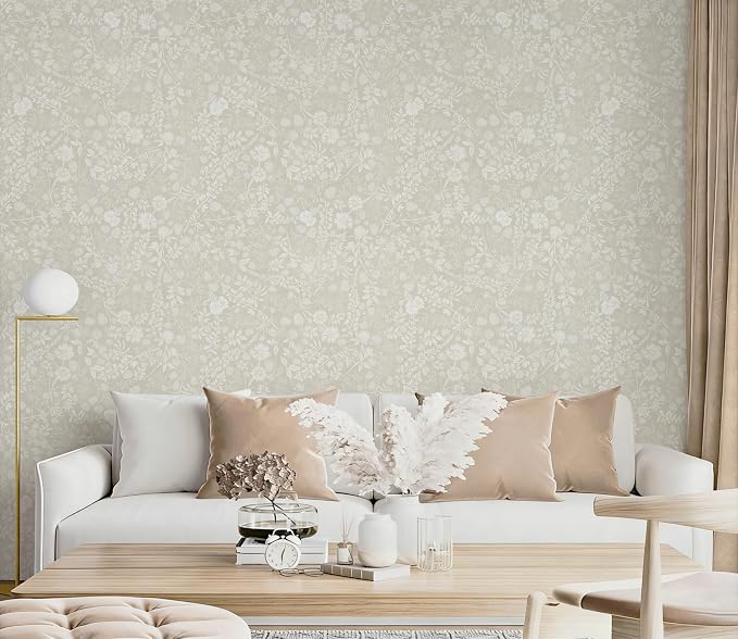 Guvana Beige and Cream White Peel and Stick Wallpaper Floral Wallpaper Slef Adhesive Removable Waterproof Contact Paper Boho Wall Paper for Dining Room Bedroom Living Room Bathroom Kitchen 17.3"×394"