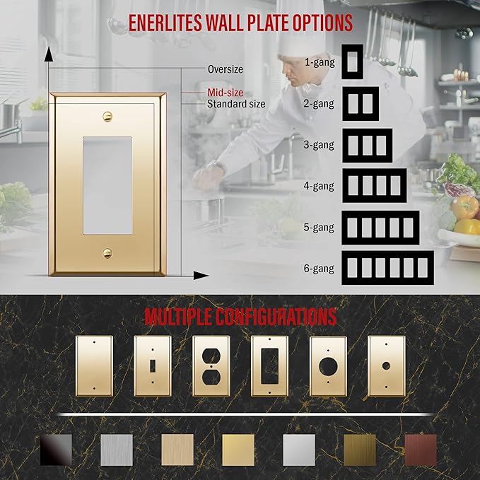 ENERLITES Decorator Switch or Receptacle Metal Wall Plate, Stainless Steel Outlet Cover, Corrosion Resistant, Mid-Size 1-Gang 4.88" x 3.11", Stainless Steel 201, 7731M-PB, Polished Brass