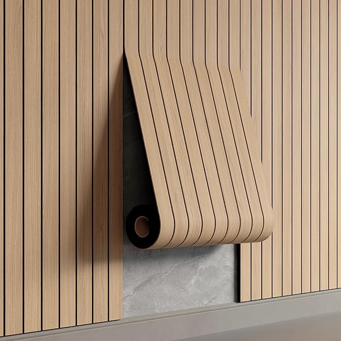 YU LI 3DH Peel and Stick PVC Slat Wall Panel 118"x15.75" Self-Adhesive Thick Faux Oak Wood Grain Wallpaper Panel 3D Soundproof Wall Panels for Walls & Ceilings