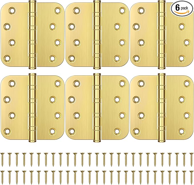 KOLET Gold Door Hinges, 4 x 4 Inches Ball Bearing Door Hinges, 5/8'' Radius Corner Hinges, Heavy Duty Stainless Steel, Smooth and Quiet, Non Removable Pin, Satin Gold, 6 Pack