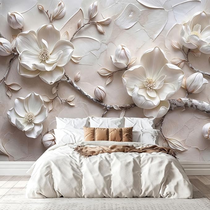 MFWFM Floral Peel and Stick Wallpaper 3D Relief Magnolia Flower Wall Mural | 157"x110", for Bedroom Living Room Bathroom, Self Adhesive Canvas