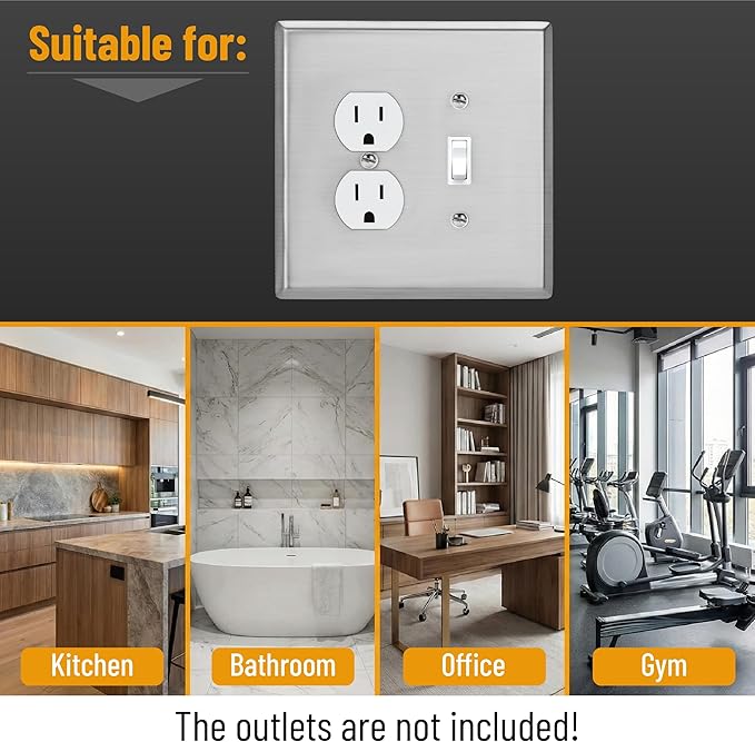 Bates- 2-Gang Combination Wall Plate, 5.5"x 5.5"/Over-Size, Silver, Stainless Steel Toggle Light Switch/Duplex Receptacle Outlet, 2 Gang Wall Plate for Electrical Outlets, Double Outlet Cover Plate
