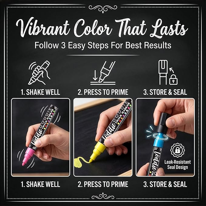 Loddie Doddie Chalk Markers - Pack of 24, 6mm Reversible Tips - Liquid Chalk Pens for Glass Surfaces & Windows - Erasable Pens for Chalkboard Calendar - Non-Toxic Chalkboard Markers