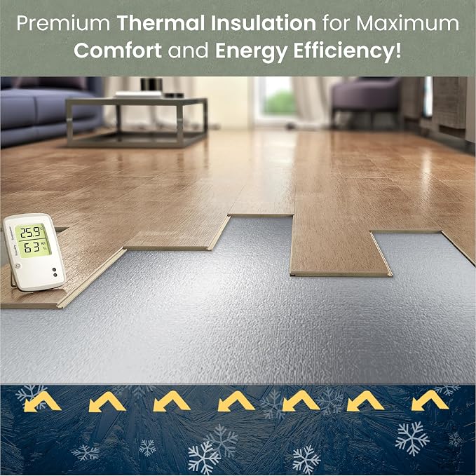 3-in-1 Acoustic Premium Floor Underlayment - 200 sqft Roll - 3mm Thick EVA with Silver Foil Vapor Barrier - Moisture Barrier, Thermal Insulation, Sound Insulation (Green Protect)