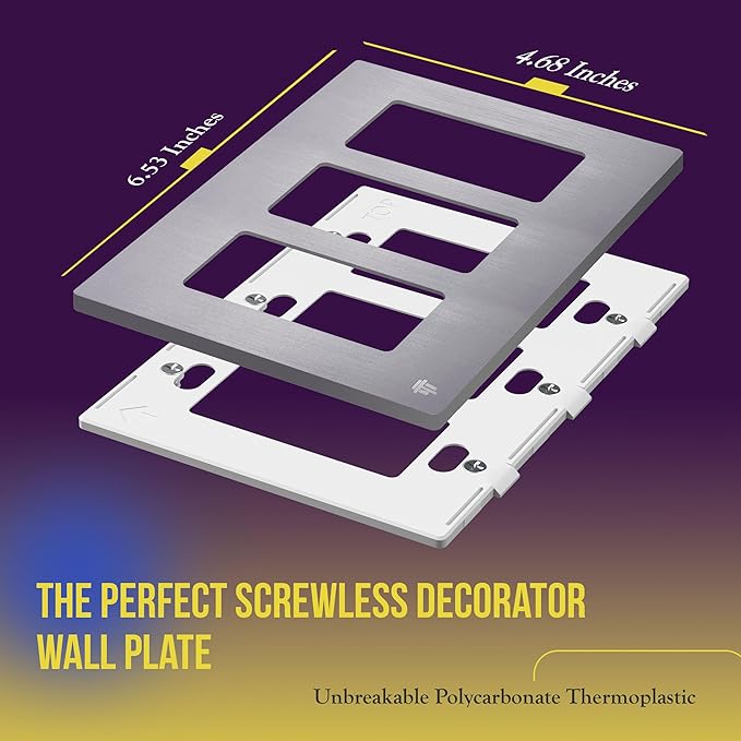 ENERLITES Elite Series Screwless Decorator Wall Plate Child Safe Outlet Cover, Gloss Finish, Size 3-Gang 4.68" H x 6.53" L, Unbreakable Polycarbonate Thermoplastic, SI8833-BSV, Brushed Silver