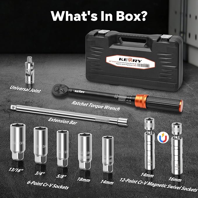 Kerry 3/8" Spark Plug Torque Wrench Set, 14mm 16mm Magnetic Swivel Sockets | 5-45 ft-lb 10-Piece Kit with 5/8", 3/4", 13/16", 14mm, 18mm 6-Point Sockets, Extension and Universal Joint for Easy Removal