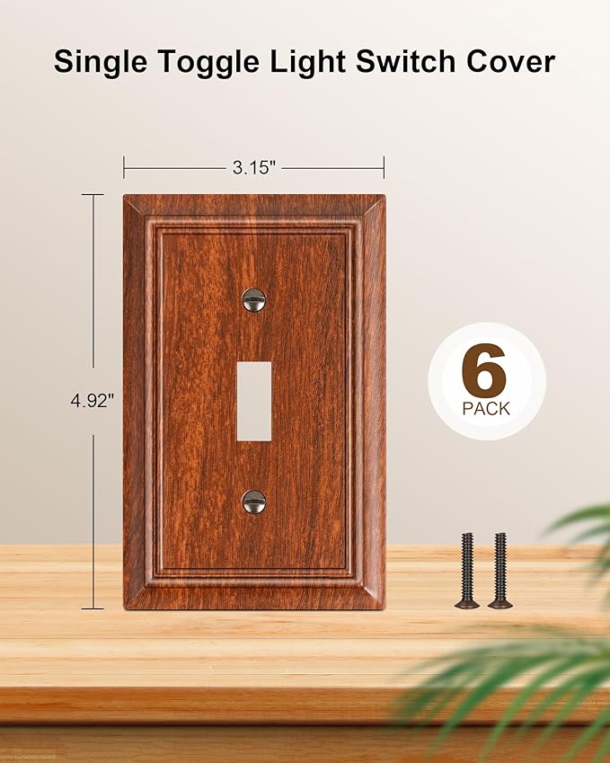 6-Pack Single Toggle Light Switch Cover Plate, Durable Natural Bamboo Fiber Decorative Switch Plate Covers, Wood Grain 1 Gang Wall Plate, Corrosion Resistant