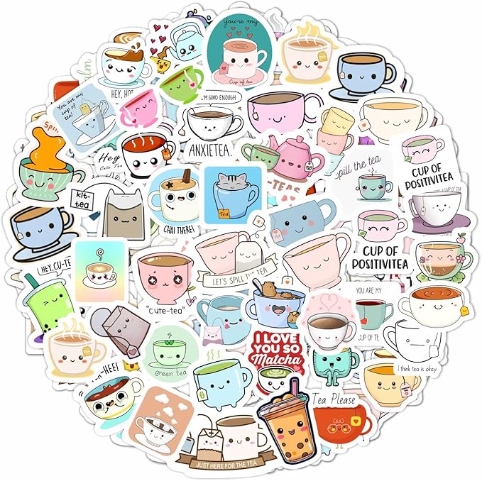 BulbaCraft Cute Tea Cup Stickers, Tea Stickers for Water Bottle and Laptop - Tea Cup Party Supplies & Decorations, Waterproof Vinyl Drink Decals, Gifts for Women & Men