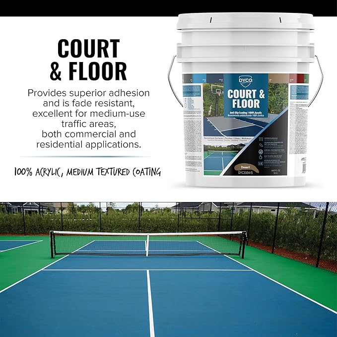 DYCO Court & Floor Anti-Slip Coating - Slip-Resistant Pavement, Cement & Concrete Paint for Pickleball, Tennis & Basketball Courts, Exceeds ADA Standards for Safety Areas (Desert, 5 Gallons)
