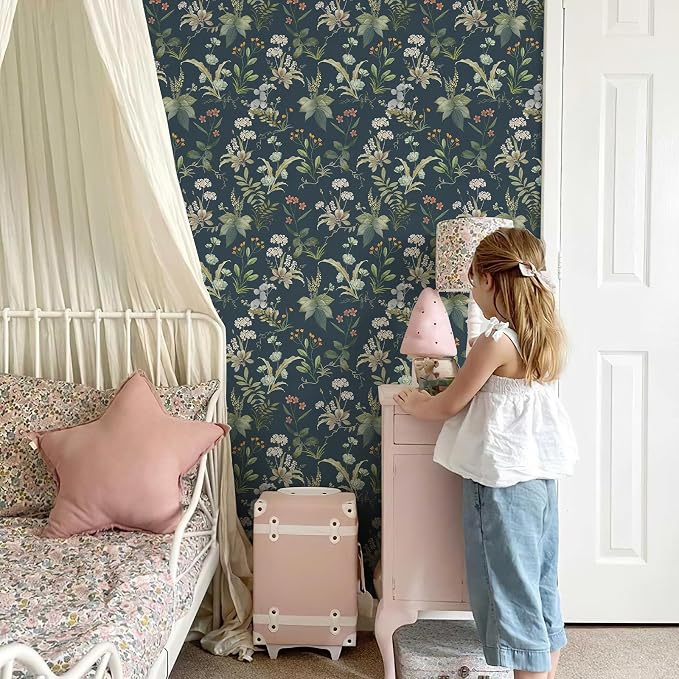 Simon&Siff Vintage Floral Peel and Stick Wallpaper 480" x 17.3" | Blue Botanical Contact Paper, Self Adhesive Removable Waterproof Wall Paper, Renter Friendly, Bedroom Cabinets DIY Decor