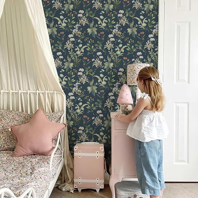 Simon&Siff Vintage Floral Peel and Stick Wallpaper 1200" x 17.3" | Blue Botanical Contact Paper, Self Adhesive Removable Waterproof Wall Paper, Renter Friendly, Bedroom Cabinets DIY Decor