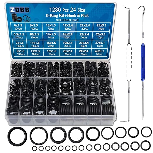 ZDBB 1280 Pcs 24 Size Rubber O-Ring Assortment Kit with Pick and Hook Set for Pressure Washer Faucet Plumbing OD 6mm-28mm
