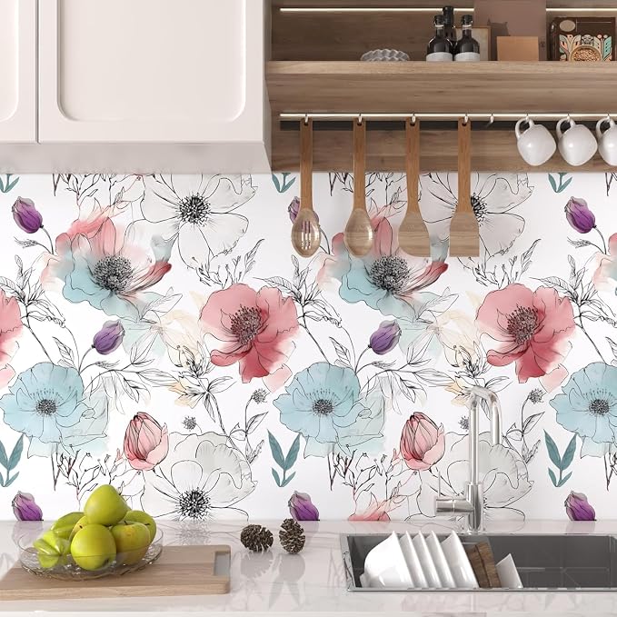 Blue Pink Watercolor Floral Peel and Stick Wallpaper 17.5"x393" | Self Adhesive/Removable/Waterproof/Thick Vinyl Vintage Contact Paper for Bathroom Bedroom Shelf Cabinet Drawer,Prepasted