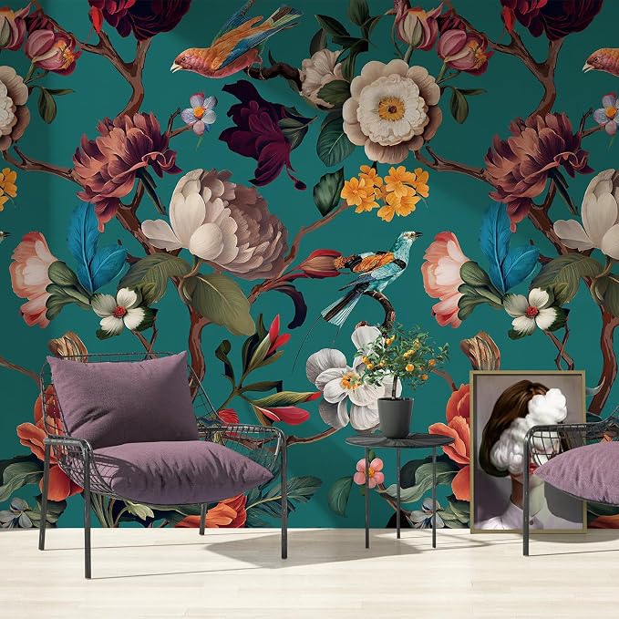 Zeeko Vintage Floral Wallpaper Peel and Stick Large Blue Flower Wall Murals for Bedroom TV Background Wall Paintings Art Deco 98" H x 59" W