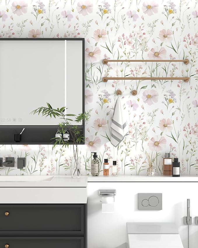 Floral Peel and Stick Wallpaper Boho Contact Paper 17.3"×197" | Self Adhesive Removable Wallpaper Pink Floral White Wildflowers Wall Paper for Bedroom Bathroom Art Deco Wallpapers Vinyl