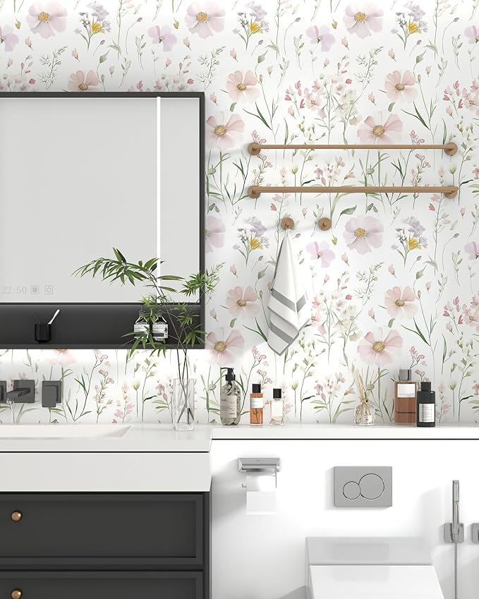 Floral Peel and Stick Wallpaper Boho Contact Paper 17.3"×78.8" | Self Adhesive Removable Wallpaper Pink Floral White Wildflowers Wall Paper for Bedroom Bathroom Art Deco Wallpapers Vinyl