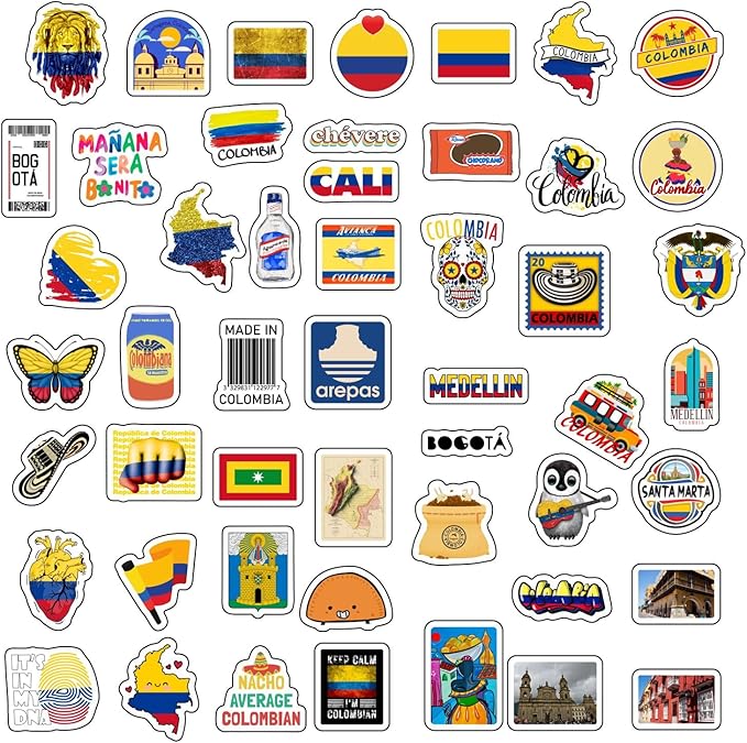 BulbaCraft 100Pcs Colombia Stickers for Water Bottle and Laptop - Colombian Party Supplies & Decorations, Waterproof Vinyl Decals, Colombia Flag Decals, Gifts for Women & Men