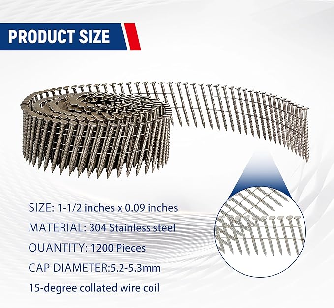 waltyotur 1200 Count Stainless Steel Coil Roofing Ring Shank Siding Nails 15-Degree Collated Wire Coil 1-1/2 Inch, 0.09 Inch Ring Shank, Small Cap Coil Stud Siding Nails