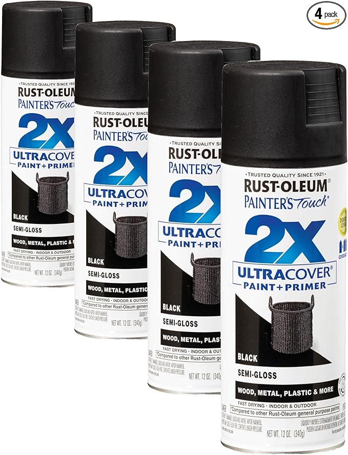 Rust-Oleum 334097 Painter's Touch 2X Ultra Cover Spray Paint, 12 oz, Semi-Gloss Black (Pack of 4)