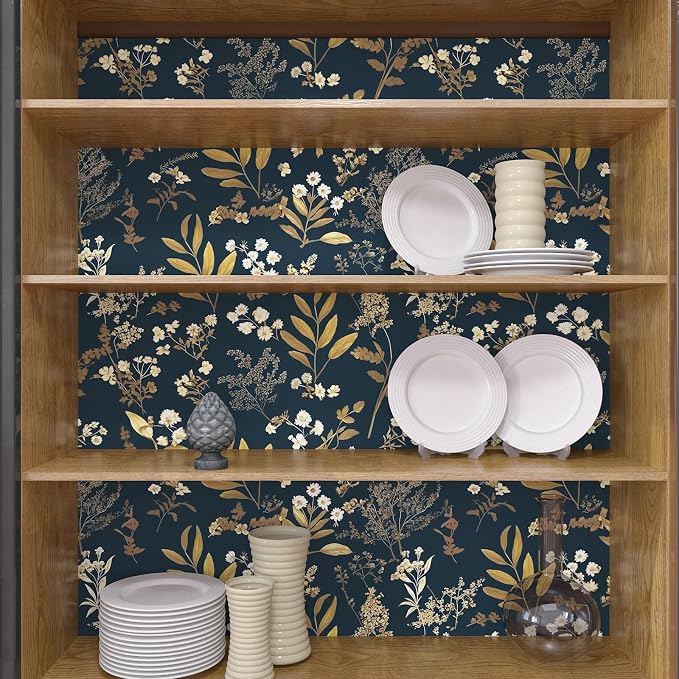 Vintage Dark Blue Floral Boho Peel and Stick Wallpaper 17.5"x787" | Self Adhesive/Removable/Waterproof/Thick Vinyl Extra Long Contact Paper for Bathroom Bedroom Shelf Cabinet Drawer,Prepasted