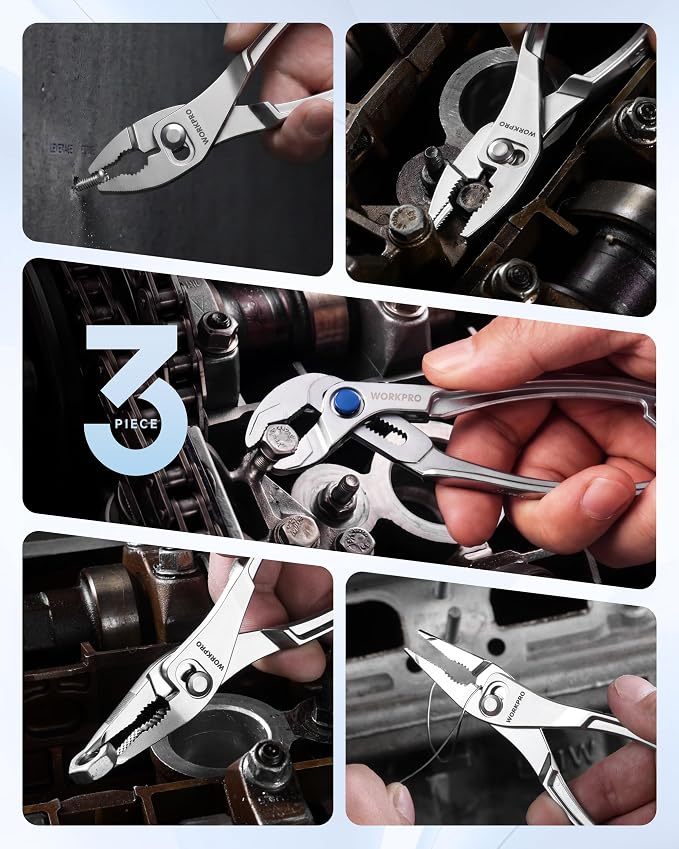 WORKPRO 3-Piece Mini Pliers Set with Pouch, Pocket Pliers, EDC Tool Gift | 4-Inch Slip Joint Pliers, 4-Inch Water Pump Pliers, 4.5-Inch Long Nose Slip Joint Pliers, Alloy Steel, Anti-Rust Coating