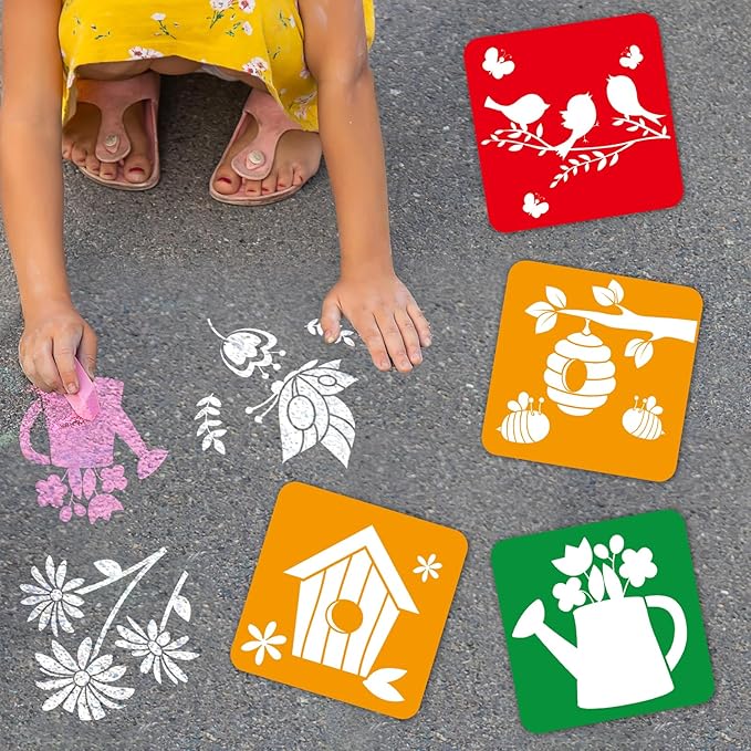 36pcs Summer Drawing Stencils for Kids 8 Inch Sidewalk Chalk Stencils Painting Large Washable Reusable Summer Themed Flowers Primary Shape Template for Kids Toddlers Preschool