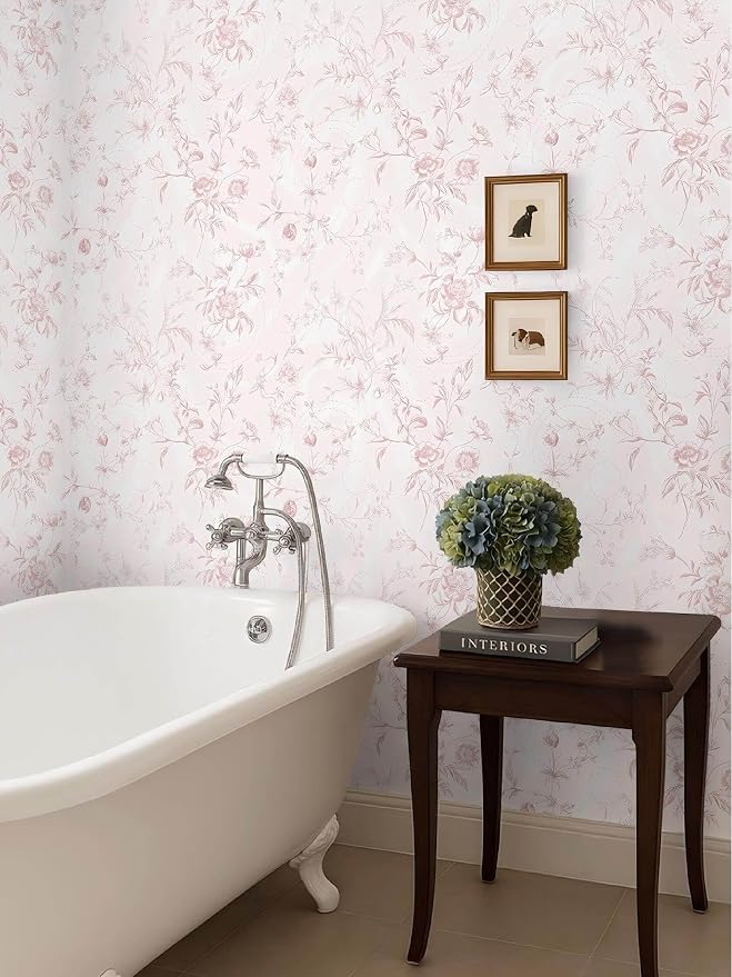 Ismoon Floral Wallpaper Peel and Stick Pink Stick on Wall Paper Vintage French Contact Paper for Cabinet Textured Removable Self Adhesive Wallpaper Vinyl Roll Shelf Deco, 17.3x393in