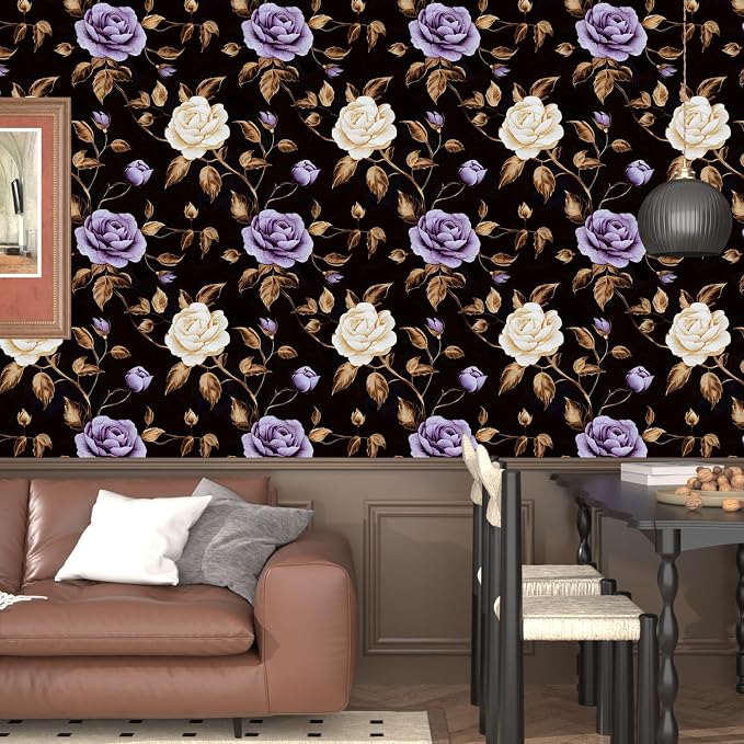 Dark Purple Gold Rose Floral Wallpaper Peel and Stick 17.5''x393'' | Self Adhesive/Removable/Waterproof/Thick Vinyl Contact Paper for Bathroom Bedroom Shelf Cabinet Drawer,Prepasted,Easy Peel