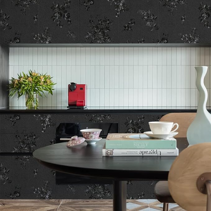 Black Peel and Stick Wallpaper Silk Embossed Floral 630inL 17.7inW | Textured Thicken Self Adhesive,Waterproof Contact Paper for Cabinets,Bedroom Bathroom Wall Decor,Renter Friendly,Easy Removal