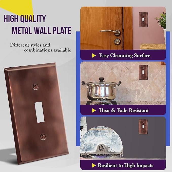 ENERLITES Toggle Light Switch Metal Wall Plate, Stainless Steel Switch Cover, Corrosion Resistant, Standard Size 1-Gang 4.50" x 2.76",Stainless Steel 201, 7711-AC, Antique Copper