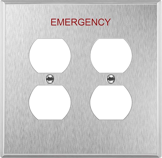 ENERLITES Double Duplex Receptacle Metal Wall Plate with Emergency Label, Stainless Steel Outlet Cover, Corrosion Resistant, 430 Stainless Steel, Mid-Size 2-Gang 4.88" x 4.92", UL Listed, 7722M-E