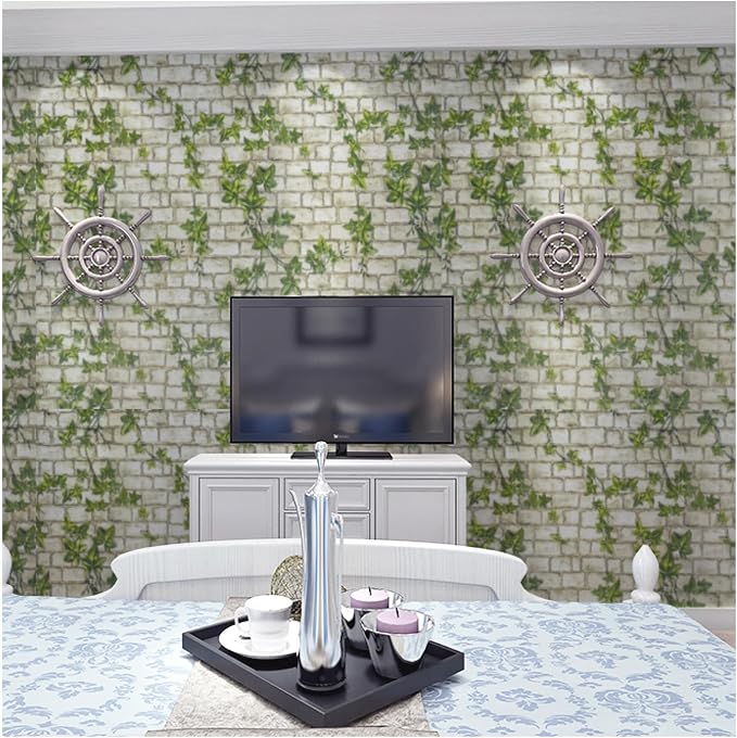 Brick Peel and Stick Wallpaper Self Adhesive Wallpaper Removable Contact Paper 3D BrickTextured Vintage Wall Paper Decorative Green Leaves Brick 15.7"x393"