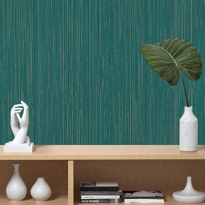 Teal Grasscloth Peel and Stick Wallpaper Vintage Texture Removable Waterproof Wallpaper for Room Walls, Cabinets, Furniture, Drawers, Desk A Set of 15.7"x480"