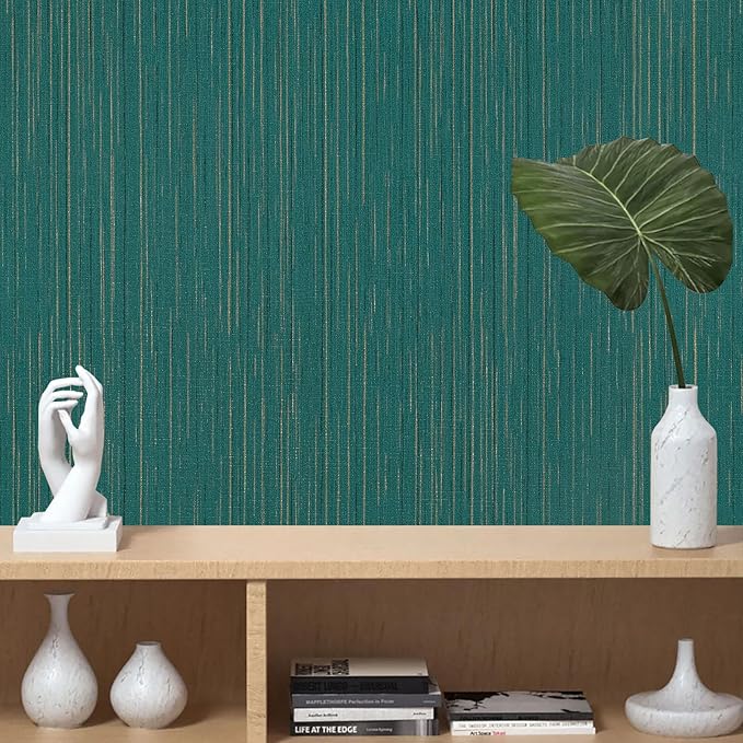 Teal Grasscloth Peel and Stick Wallpaper Vintage Texture Removable Waterproof Wallpaper for Room Walls, Cabinets, Furniture, Drawers, Desk A Set of 15.7"x300"