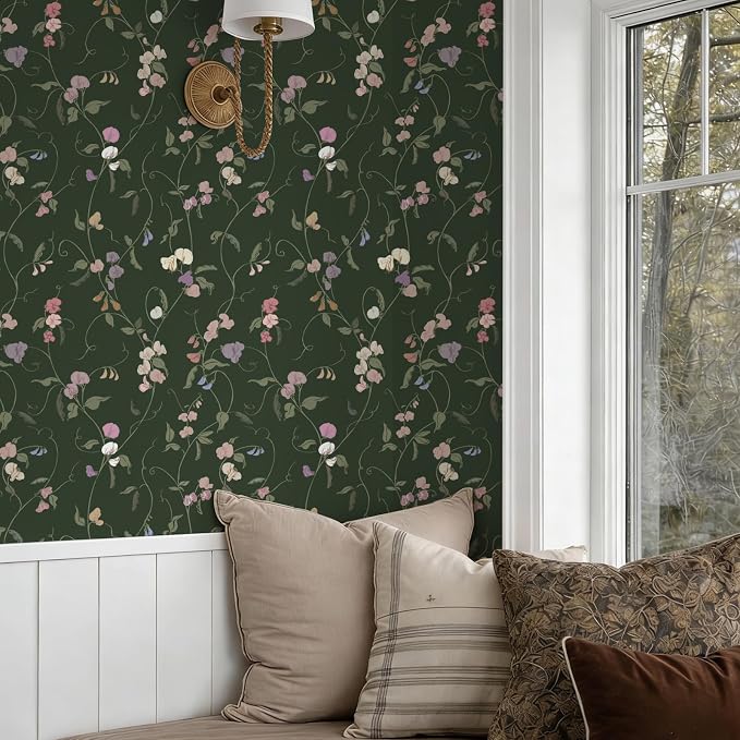 Vintage Wallpaper Peel and Stick Dark Green Floral Wallpaper Leaf Contact Paper Vinyl Waterproof Self Adhesive Boho Botanical Wall Paper for Bedroom Shlef Cabinet Decor 17.3" x 78.7"