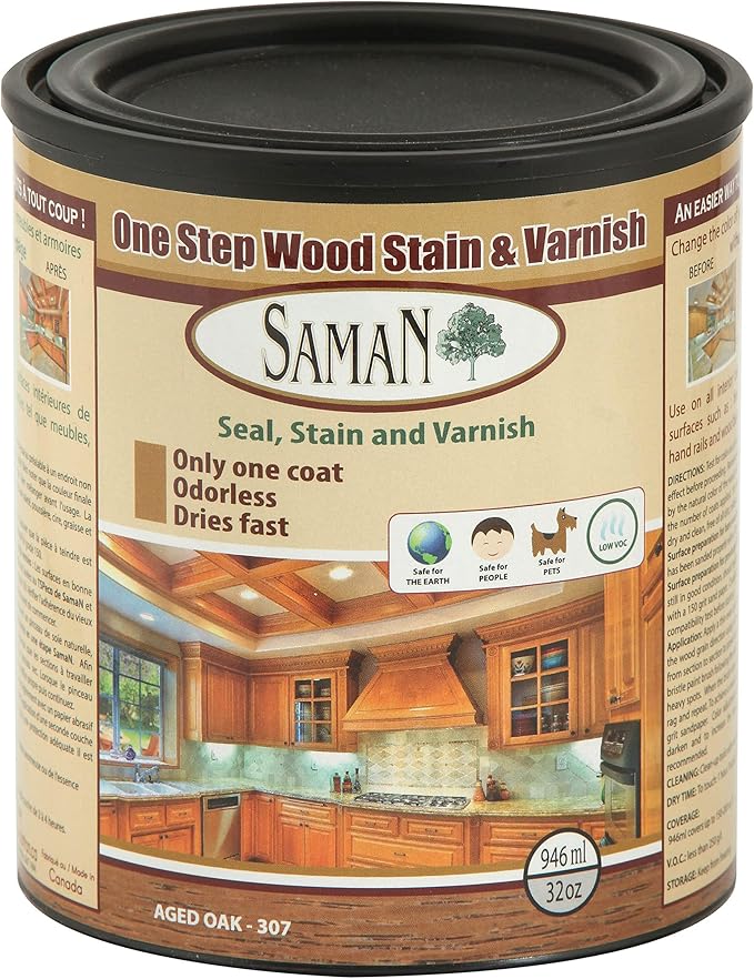 SamaN Interior One Step Wood Seal, Stain and Varnish – Oil Based Odorless Dye - Protection for Furniture and Fine Wood (Aged Oak SAM-307, 32 oz)